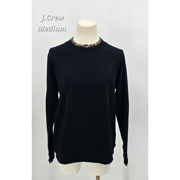 J.Crew Woven Ruffle-Neck Pullover Sweatshirt — Black Leopard Trim - Picture 1 of 6